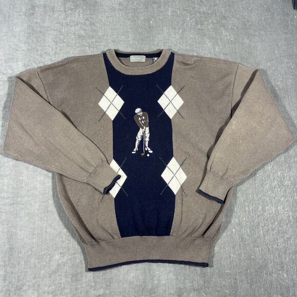 Vintage Lord &‎ Taylor Mens Large Tan Navy Golf Argyle Crewneck Sweater - Picture 1 of 7